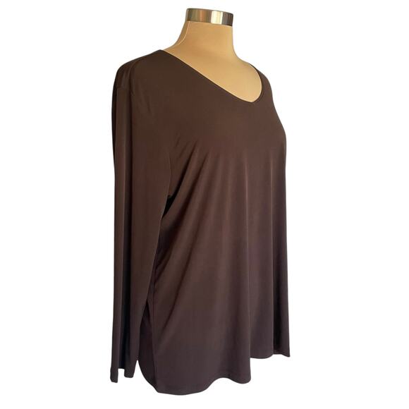 Susan Graver Chocolate Brown Liquid Knit Top Sz 1X Long Sleeve VNeck Fall Casual - Picture 2 of 6